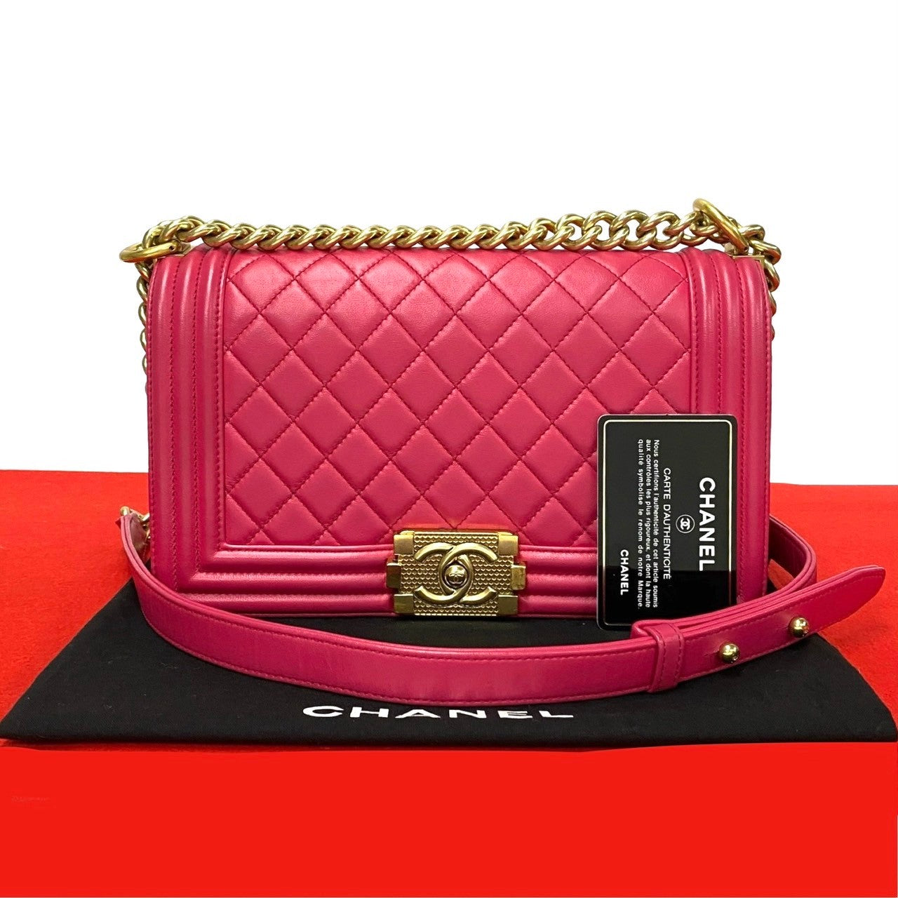 Chanel Shoulder Bag Lambskin Pink Coco Mark Boy Chanel Women Used Authentic