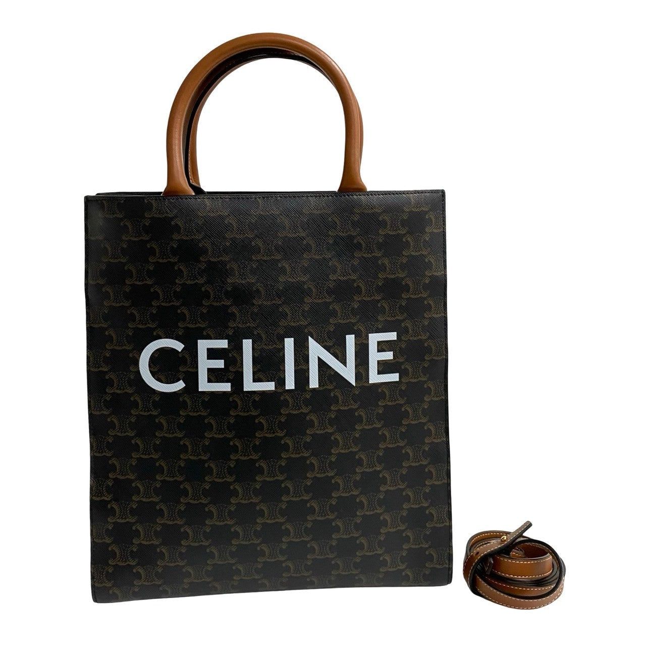 Celine Shoulder Bag Leather, Pvc Brown Triomphe Pattern Small Bar Tikal Kaba Women Used Authentic