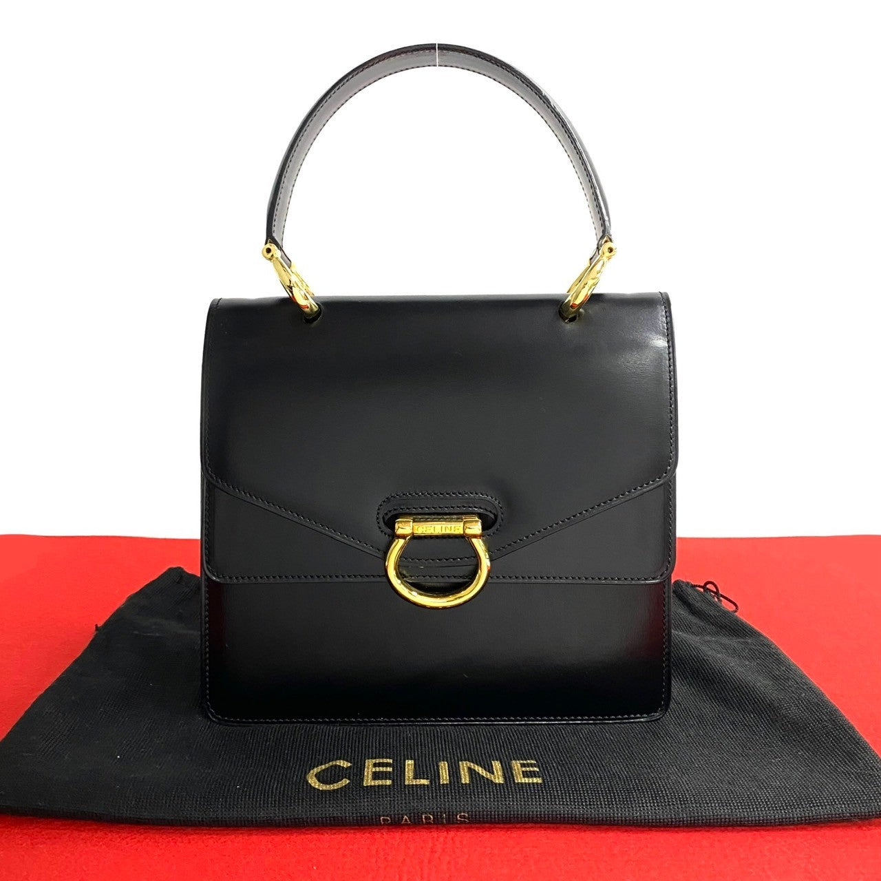 Celine Handbag Calfskin, Leather Black Logo Metal Women Used Authentic