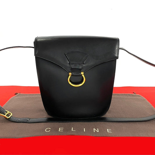 Celine Shoulder Bag Calfskin, Leather Black Gancini Logo Metal Women Used Authentic