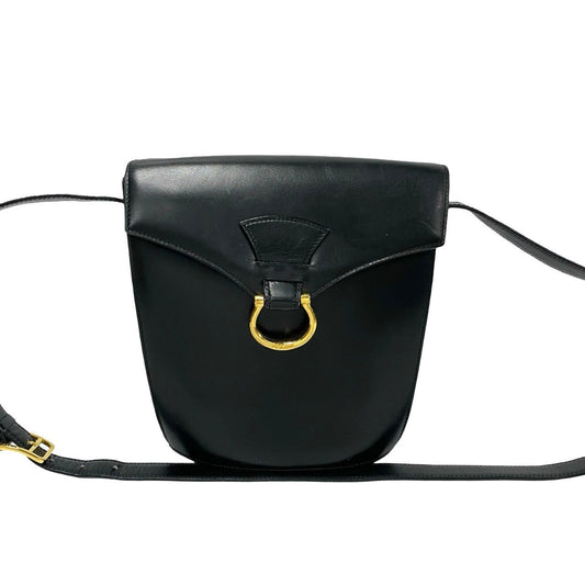 Celine Shoulder Bag Calfskin, Leather Black Gancini Logo Metal Women Used Authentic