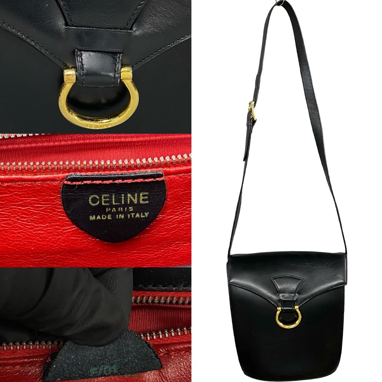 Celine Shoulder Bag Calfskin, Leather Black Gancini Logo Metal Women Used Authentic