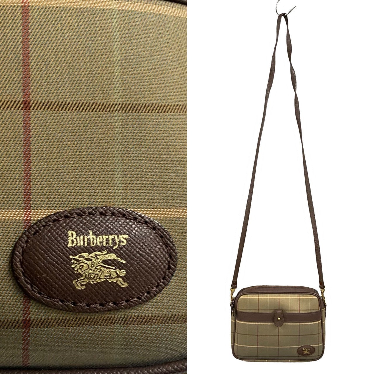 Burberry Shoulder Bag Canvas, Leather Brown Check Pattern Shadow Horse Logo Women Used Authentic