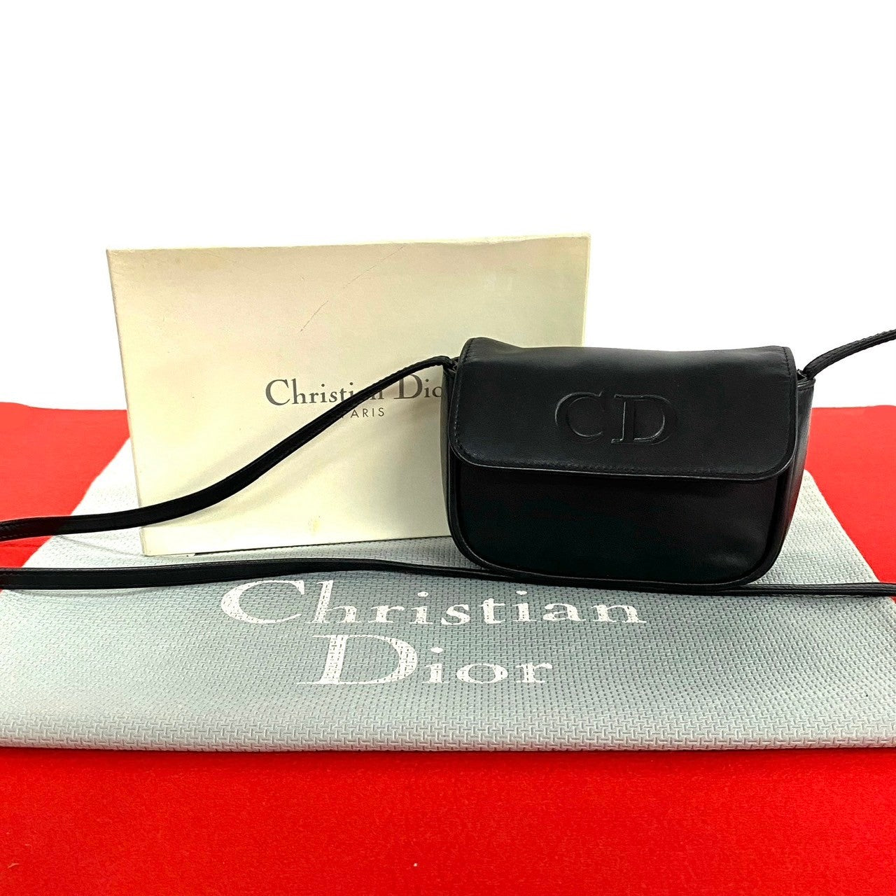 Dior Shoulder Bag Leather Black Cd Logo Embossed Women Used Authentic