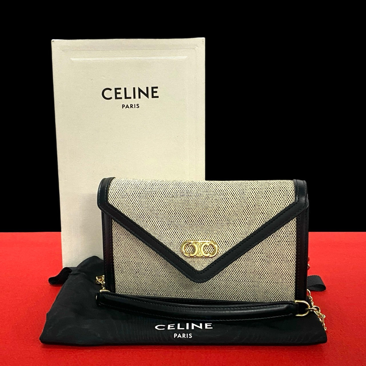 Celine Shoulder Bag Canvas, Leather Black Triomphe Chain Shoulder Women Used Authentic