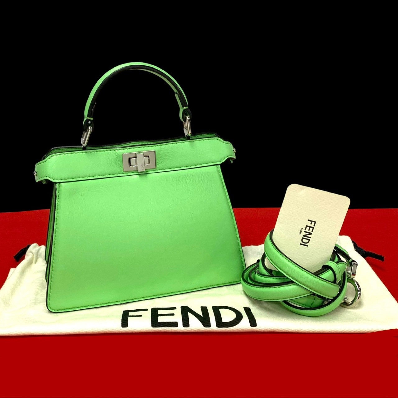 Fendi Shoulder Bag Leather Green Peekaboo I See You Petit Women Used Authentic