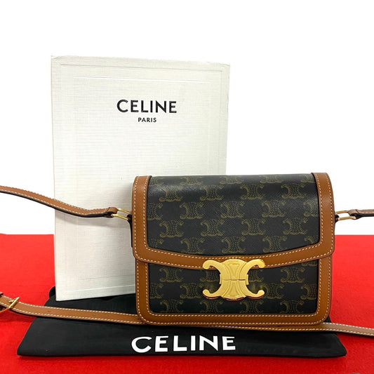 Celine Shoulder Bag Leather, Pvc Brown Triomphe Logo Metal Teen Triomphe Women Used Authentic