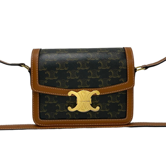 Celine Shoulder Bag Leather, Pvc Brown Triomphe Logo Metal Teen Triomphe Women Used Authentic