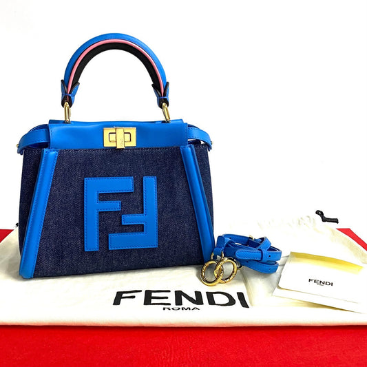 Fendi Shoulder Bag Leather, Denim Blue Ff Logo Peek A Boo Mini Women Used Authentic