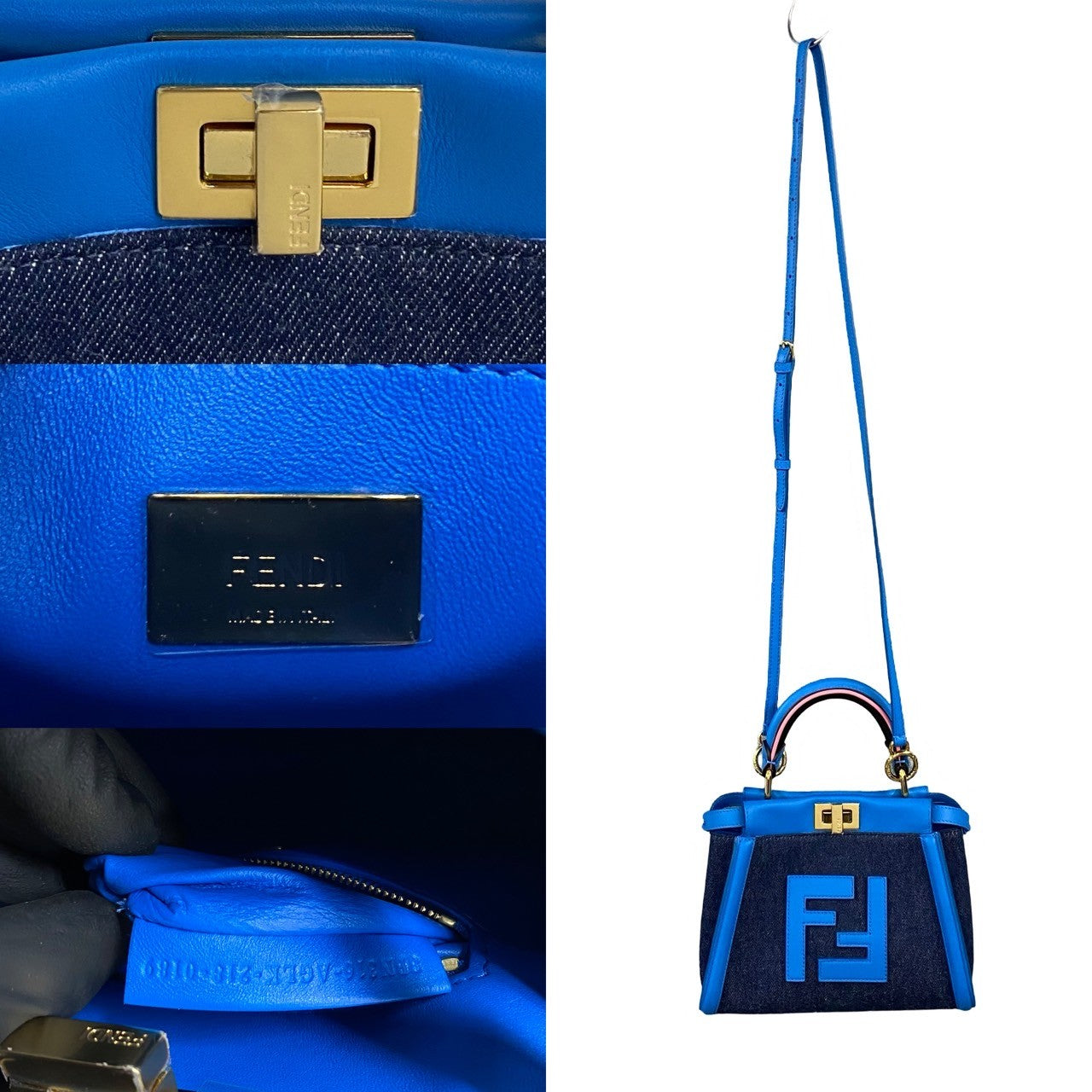 Fendi Shoulder Bag Leather, Denim Blue Ff Logo Peek A Boo Mini Women Used Authentic