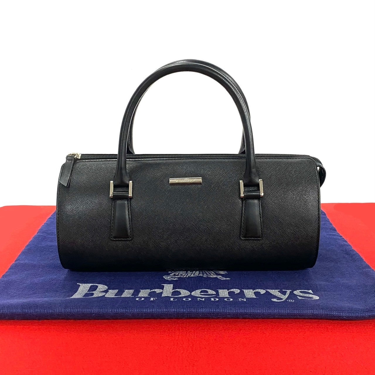 Burberry Handbag Leather Black Logo Plate Metal Nova Check Women Used Authentic