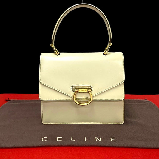 Celine Handbag Leather White Gancini Logo Metal Women Used Authentic