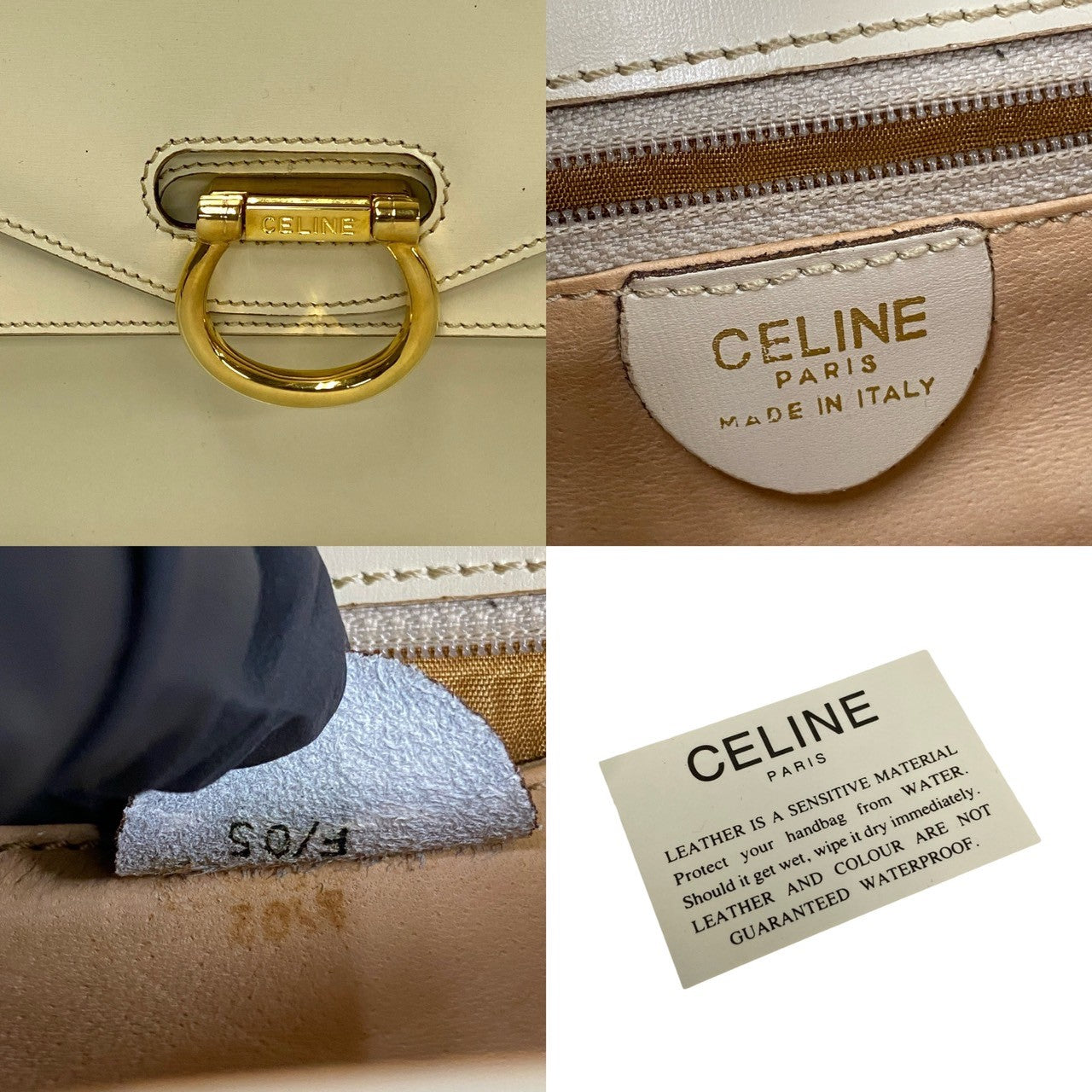 Celine Handbag Leather White Gancini Logo Metal Women Used Authentic