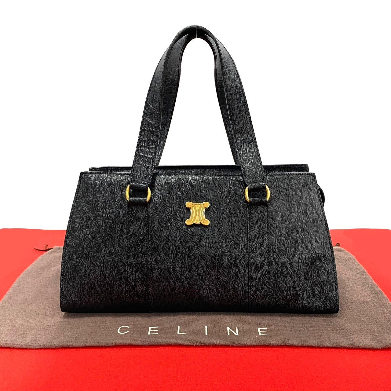 Celine Handbag Leather Black Triomphe Logo Metal Women Used Authentic