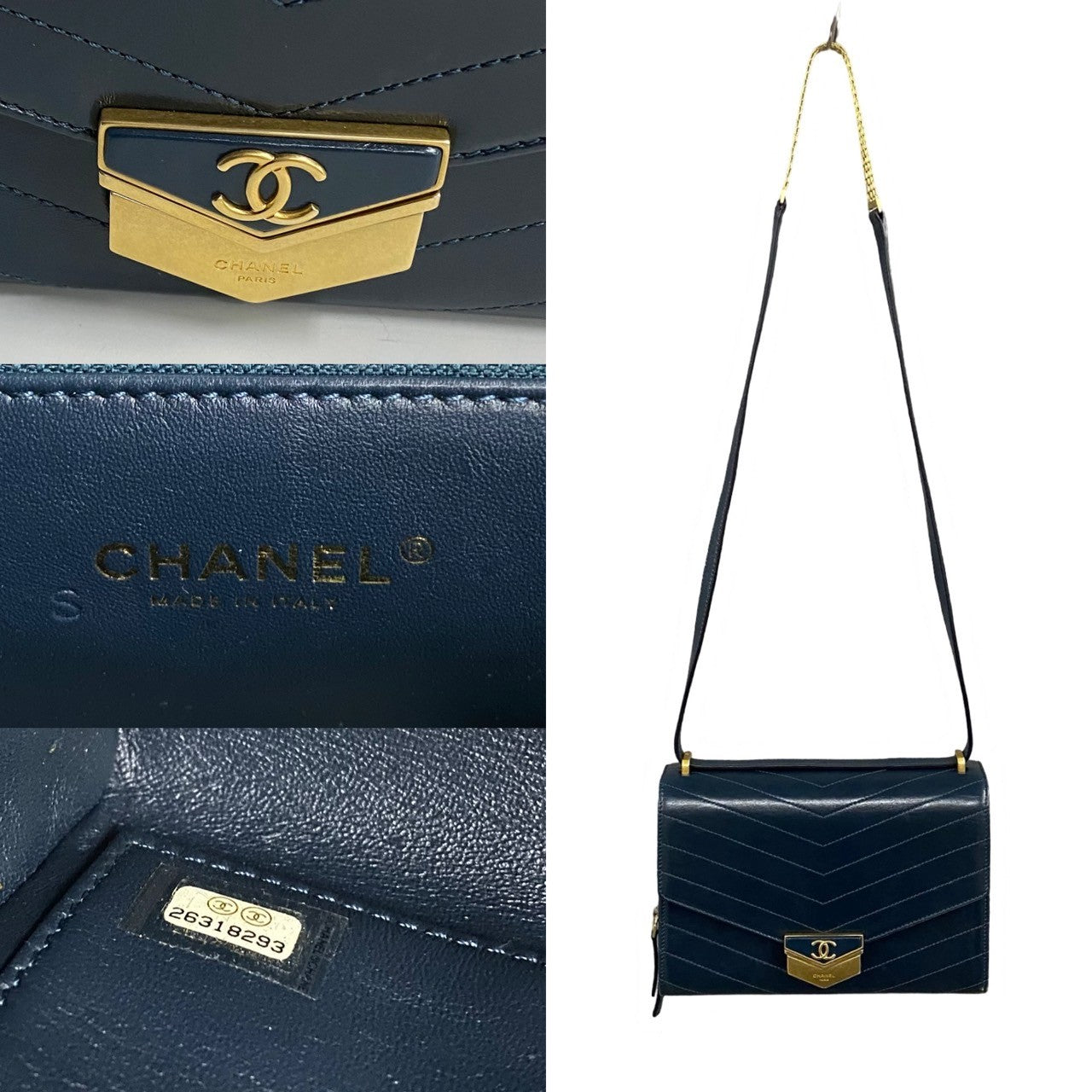 Chanel Shoulder Bag Leather Navy Coco Mark Vstitch Women Used Authentic