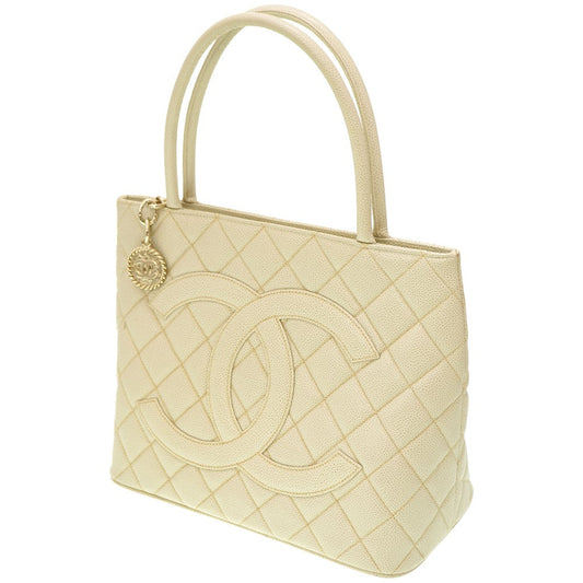 Chanel Tote Bag Caviar Skin Ivory Grey Replica Tote Women Used Authentic