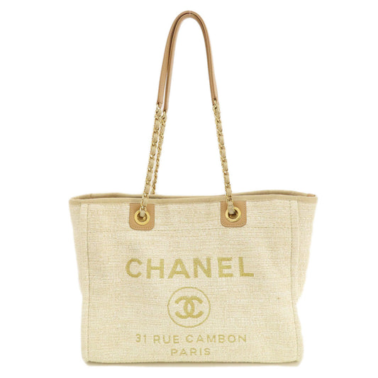 Chanel Tote Bag Tweed White Deauville Mm Gold Metal Women Used Authentic