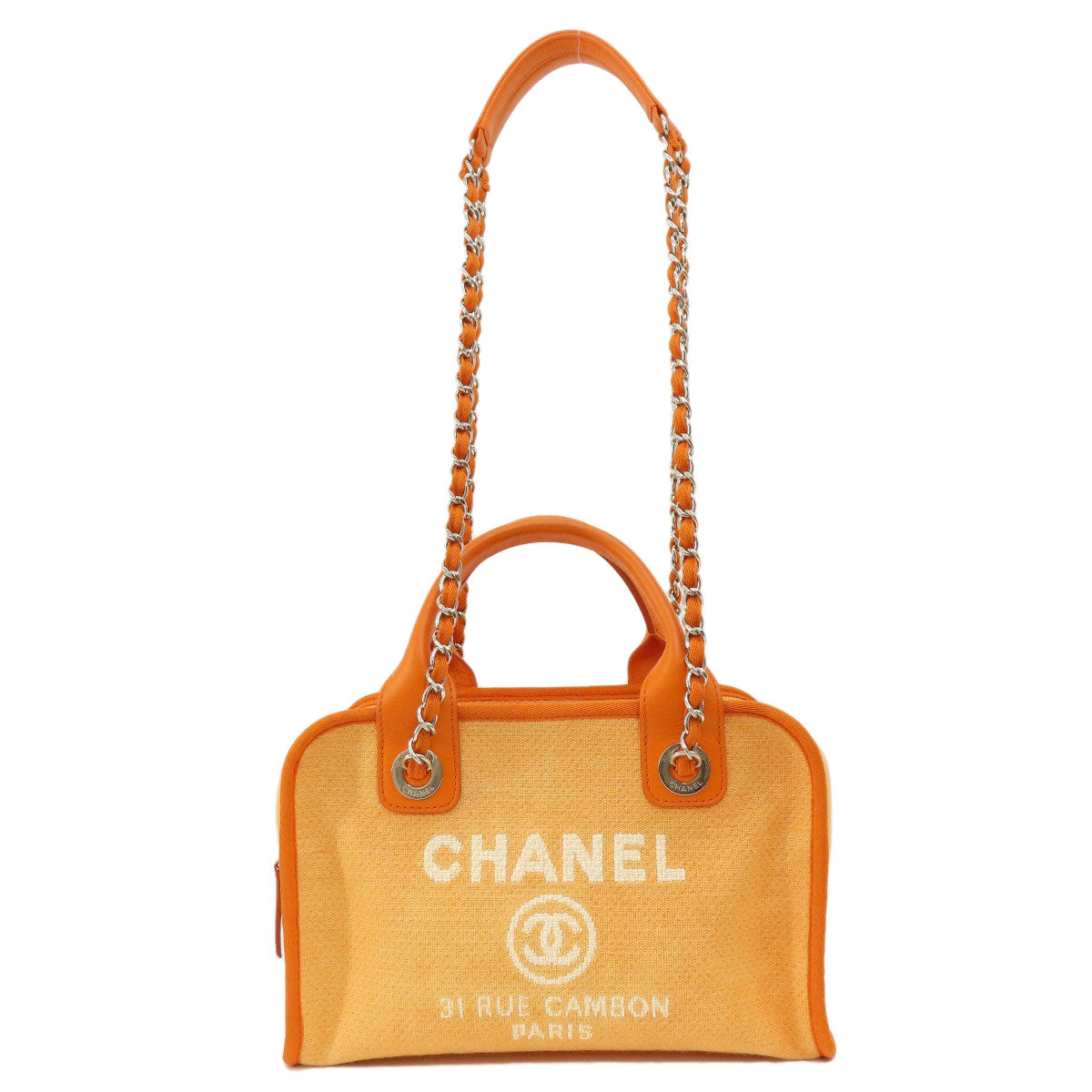 Chanel Handbag Canvas Orange Deauville Bowling Bag Silver Metal