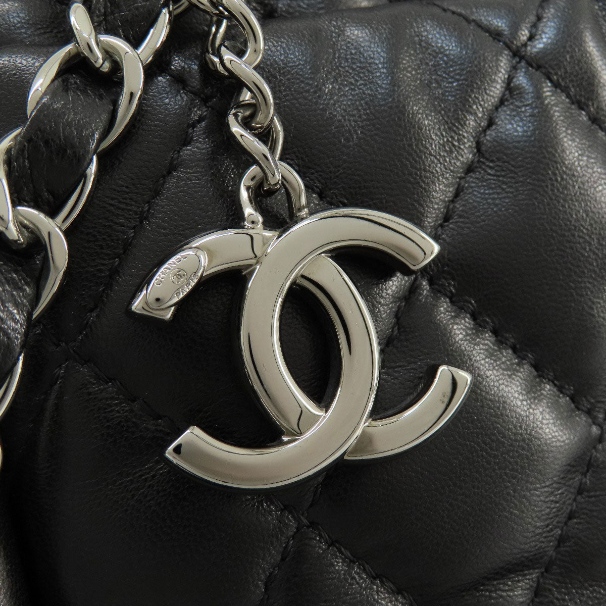 Chanel Tote Bag Lambskin Black Matelasse Silver Metal