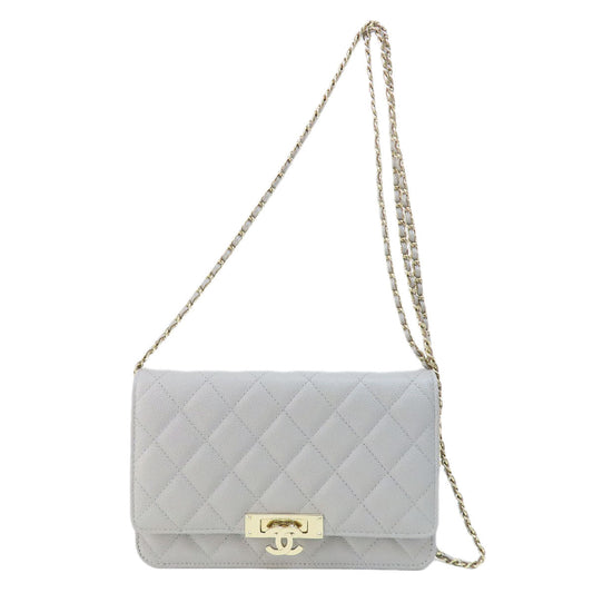 Chanel Shoulder Bag Caviar Skin Gray Chain Wallet Matelasse Coco Mark Gold Metal Women Used Authentic