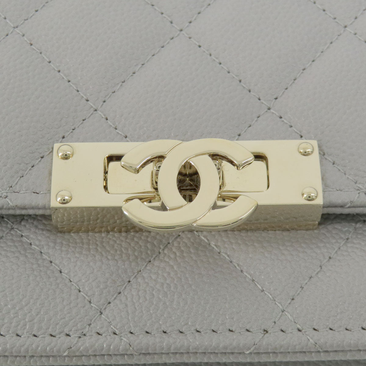 Chanel Shoulder Bag Caviar Skin Gray Chain Wallet Matelasse Coco Mark Gold Metal Women Used Authentic