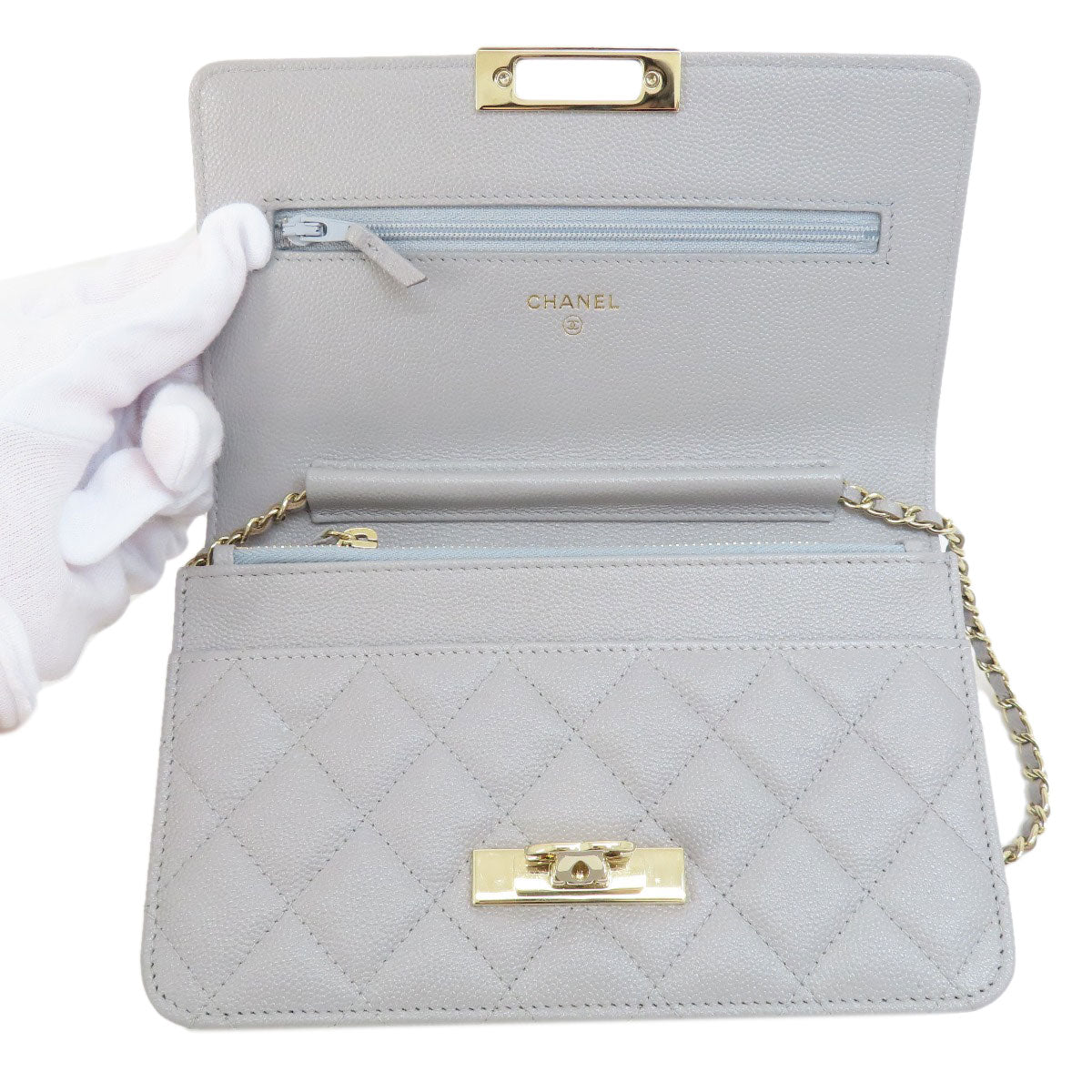 Chanel Shoulder Bag Caviar Skin Gray Chain Wallet Matelasse Coco Mark Gold Metal Women Used Authentic