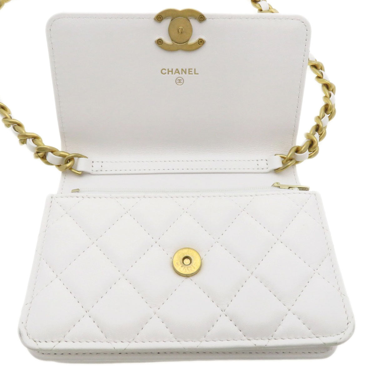 Chanel Shoulder Bag Lambskin White Chain Wallet Coco Mark Matelasse Women Used Authentic