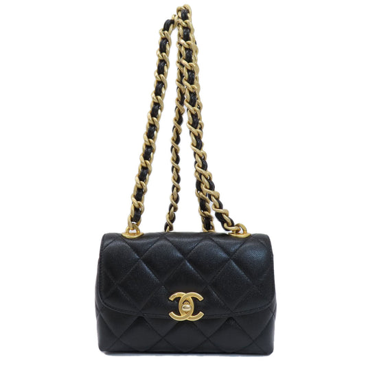 Chanel Shoulder Bag Caviar Skin Black Chain Shoulder Matelasse Coco Mark Gold Metal