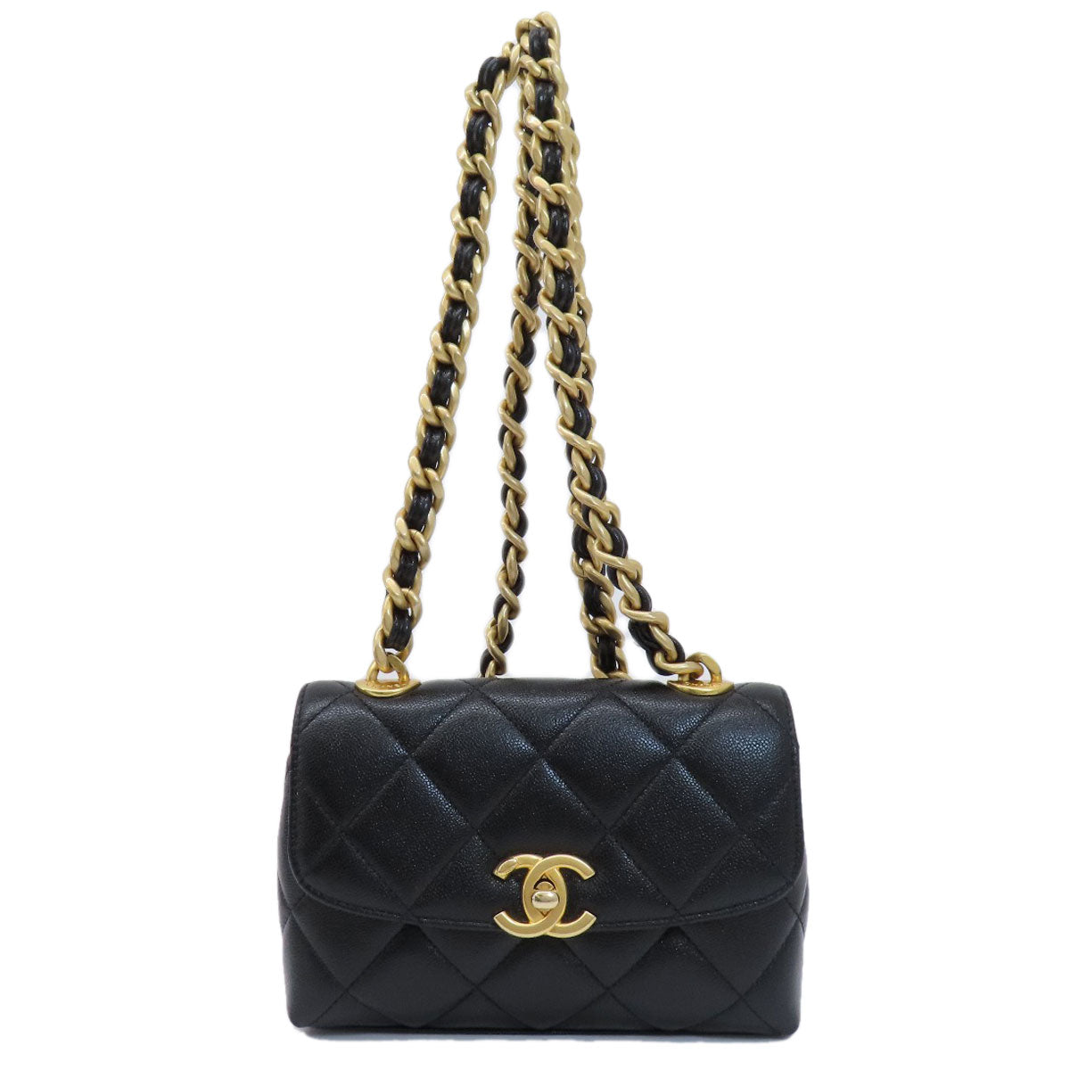 Chanel Shoulder Bag Caviar Skin Black Chain Shoulder Matelasse Coco Mark Gold Metal Women Used Authentic