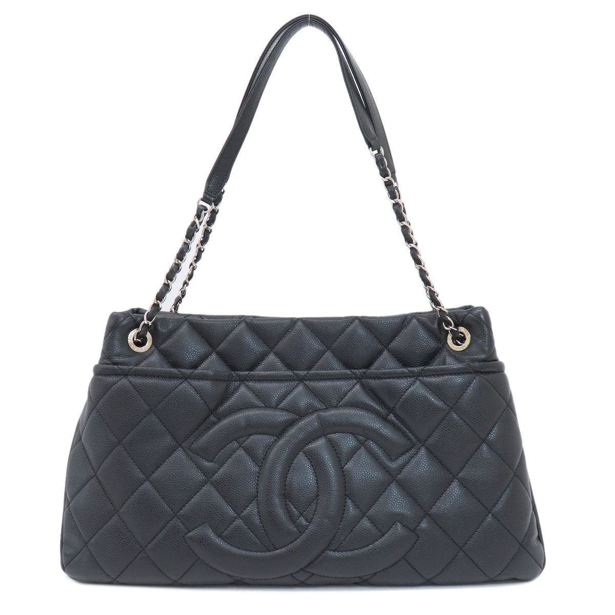 Chanel Tote Bag Soft Caviar Skin Black Coco Mark Matelasse Silver Metal