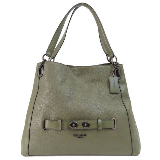 Coach Tote Bag F35359 Leather Green Logo Metal Women Used Authentic