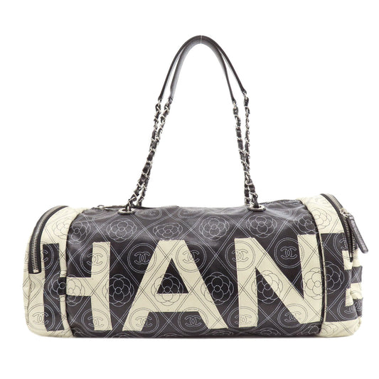 Chanel Boston Duffel Bag Coated Canvas Black Coco Mark Camellia 2 Way Silver Metal Women Used Authentic