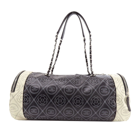 Chanel Boston Duffel Bag Coated Canvas Black Coco Mark Camellia 2 Way Silver Metal Women Used Authentic