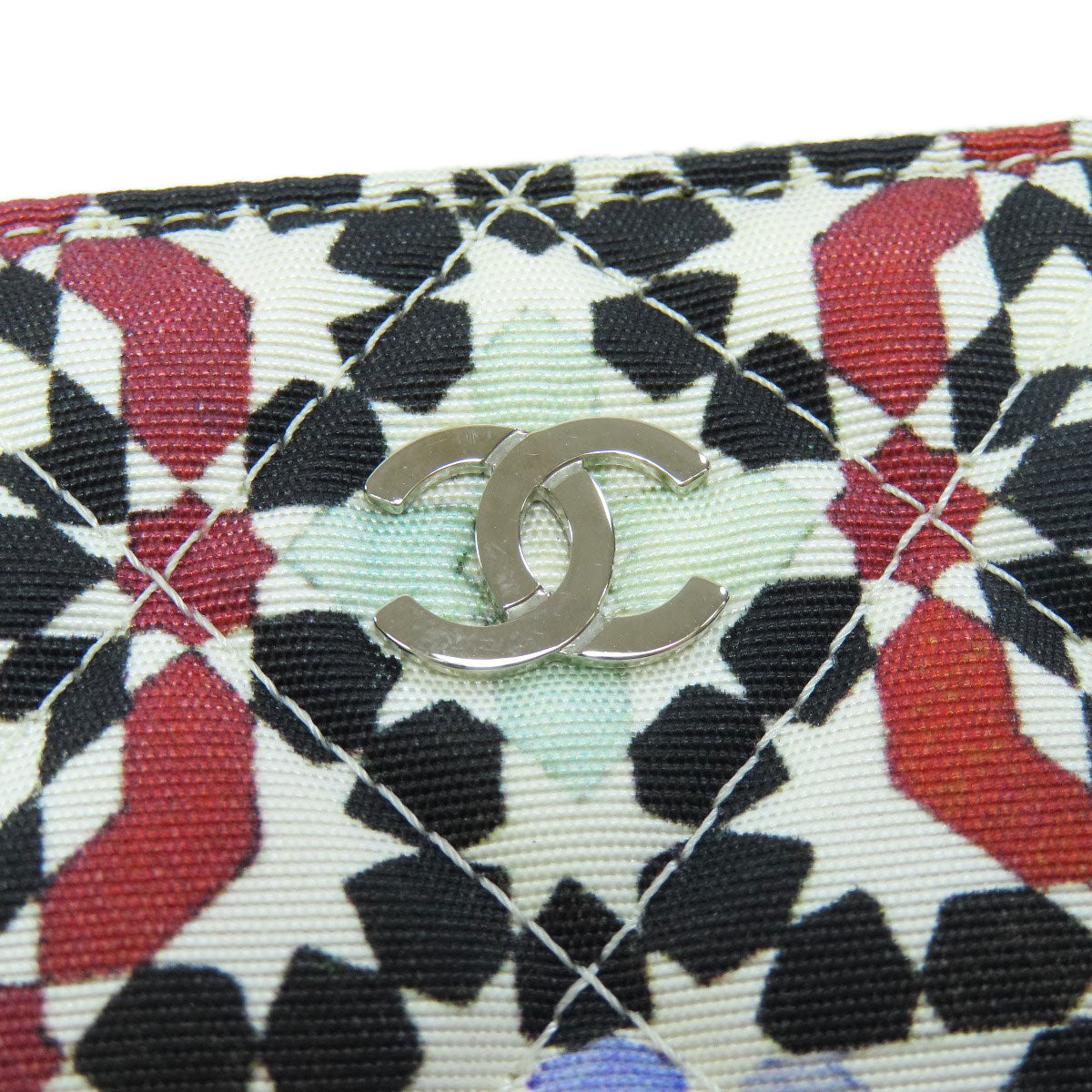 Chanel Accessory Pouch A82074 Canvas Black Coco Mark Flower Motif Silver Metal Women Used Authentic