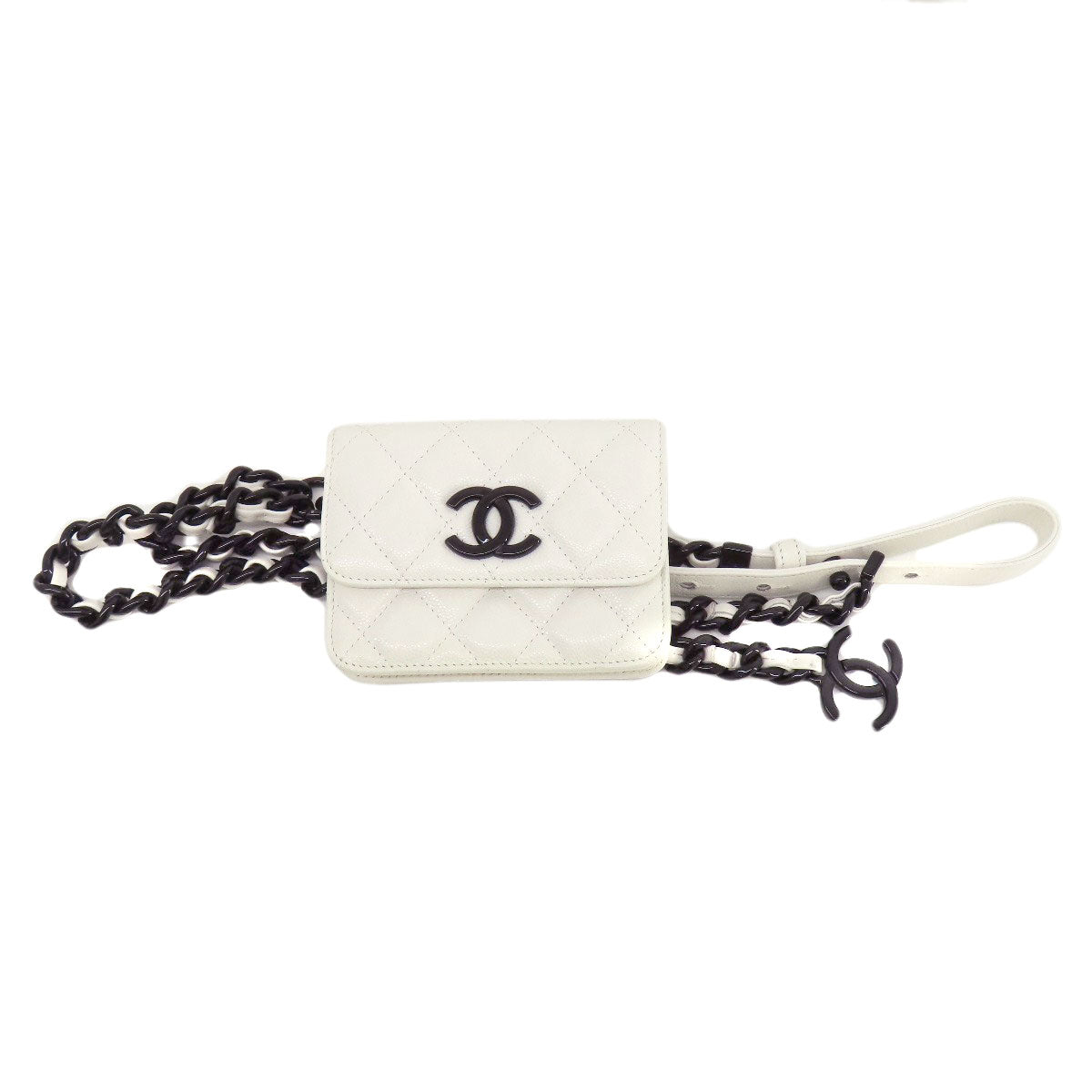 Chanel Hip Bag Caviar Skin White Matelasse Silver Metal Women Used Authentic