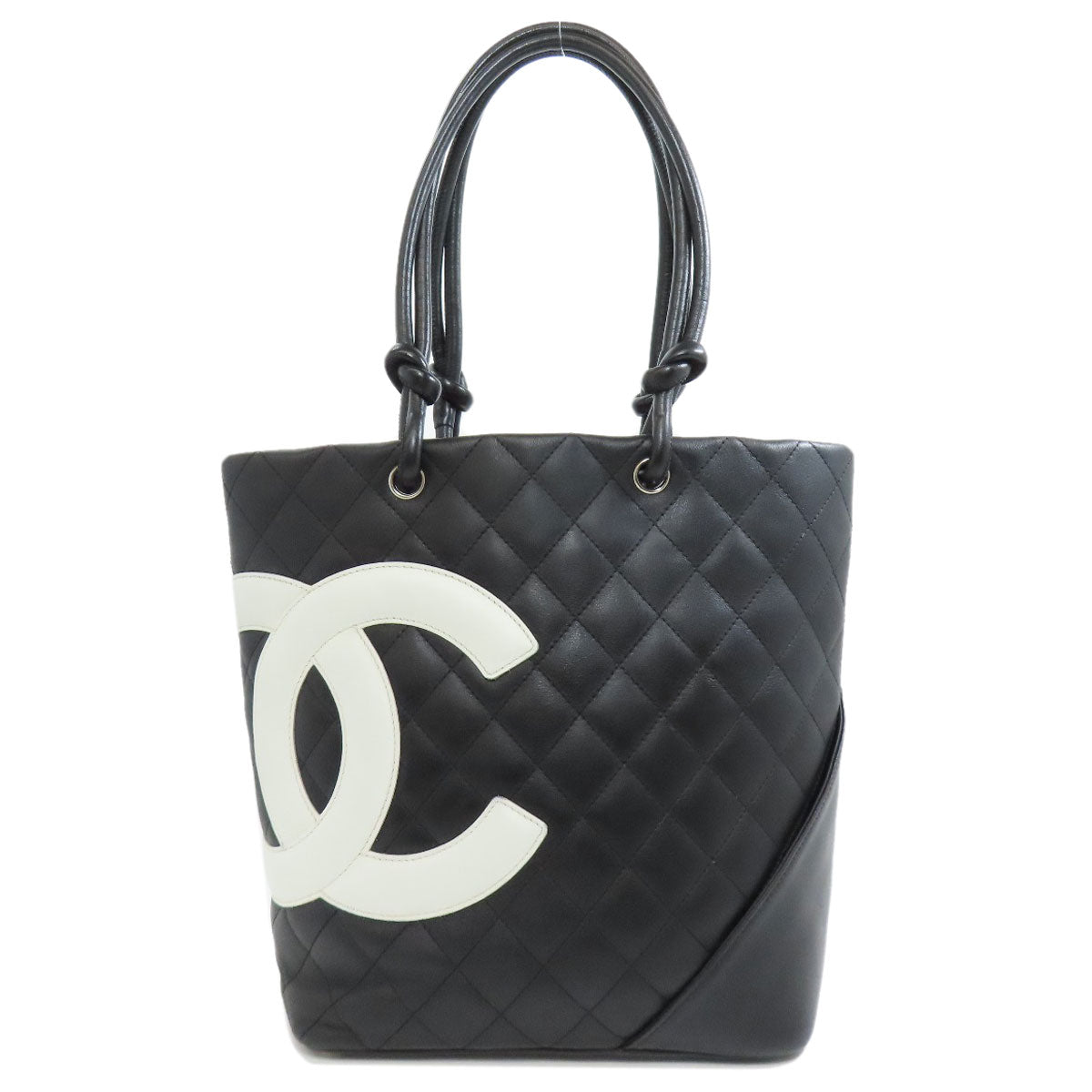 Chanel Tote Bag Leather Black Cambon Line Silver Metal Women Used Authentic