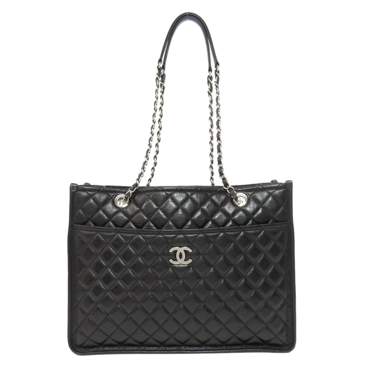 Chanel Tote Bag Lambskin Black Matelasse Chain Bag Silver Metal Women Used Authentic