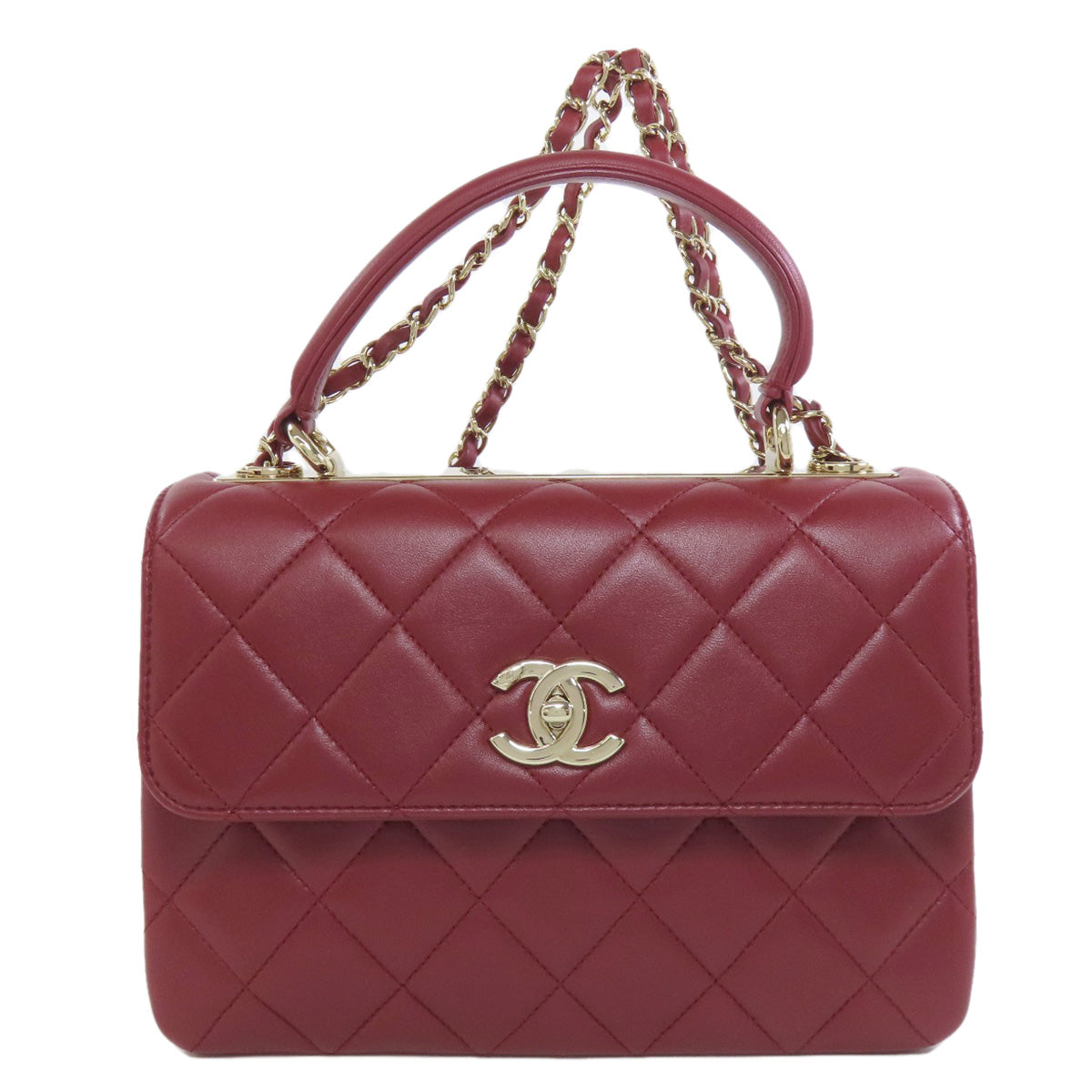 Chanel Handbag Lambskin Red Matelasse 2 Way Gold Metal Women Used Authentic