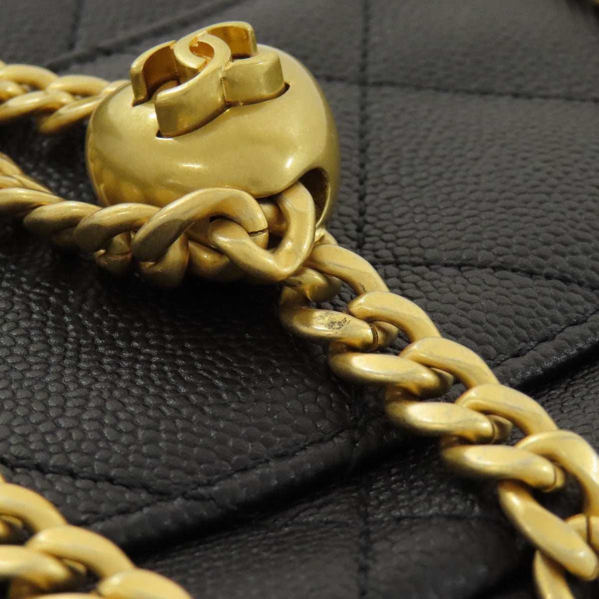 Chanel Shoulder Bag Caviar Skin Black Chain Shoulder Coco Mark Gold Metal Women Used Authentic