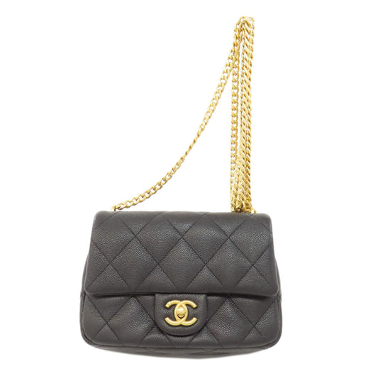 Chanel Shoulder Bag Caviar Skin Black Chain Shoulder Coco Mark Gold Metal Women Used Authentic