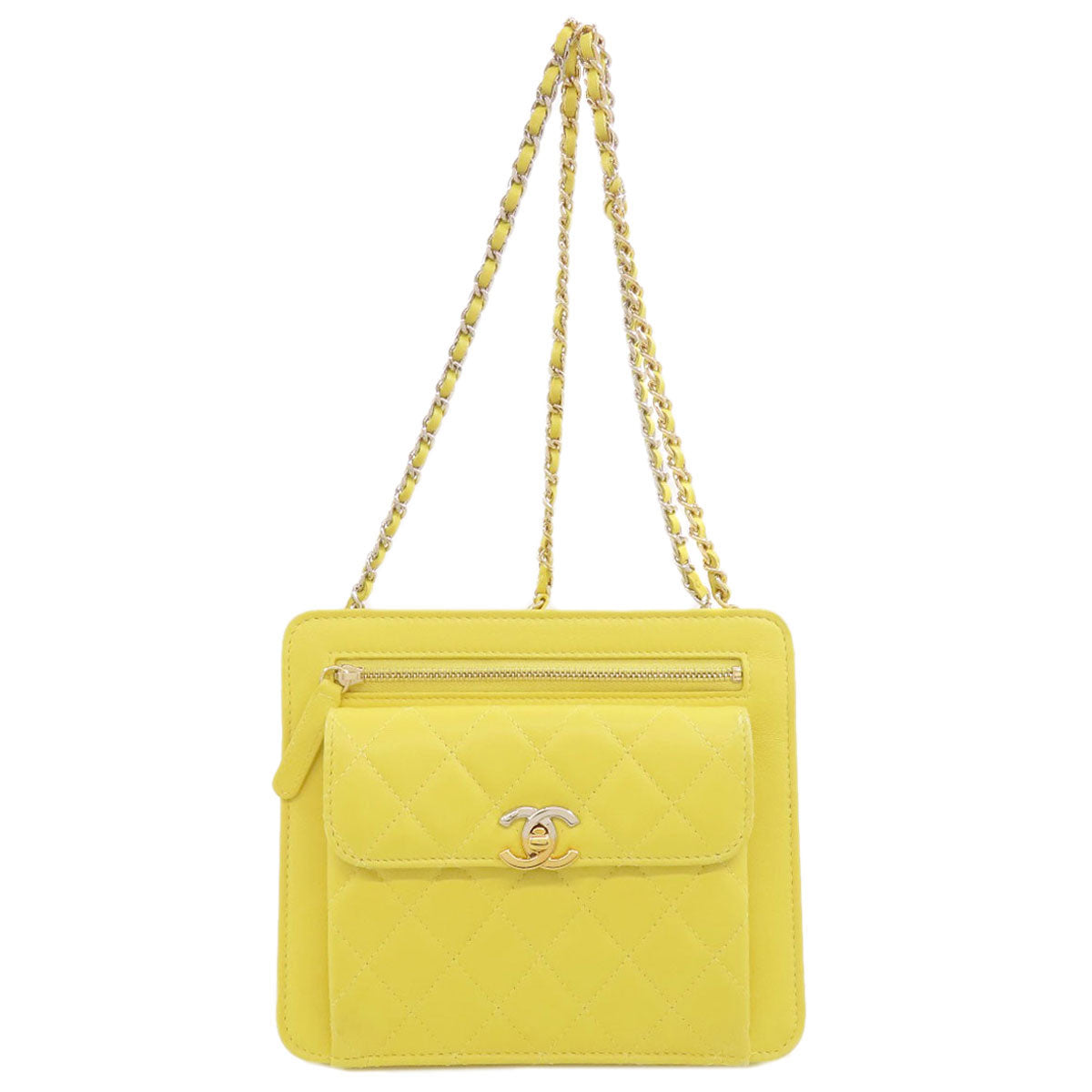 Chanel Shoulder Bag Lambskin Yellow Chain Shoulder Silver Metal Gold Metal Women Used Authentic