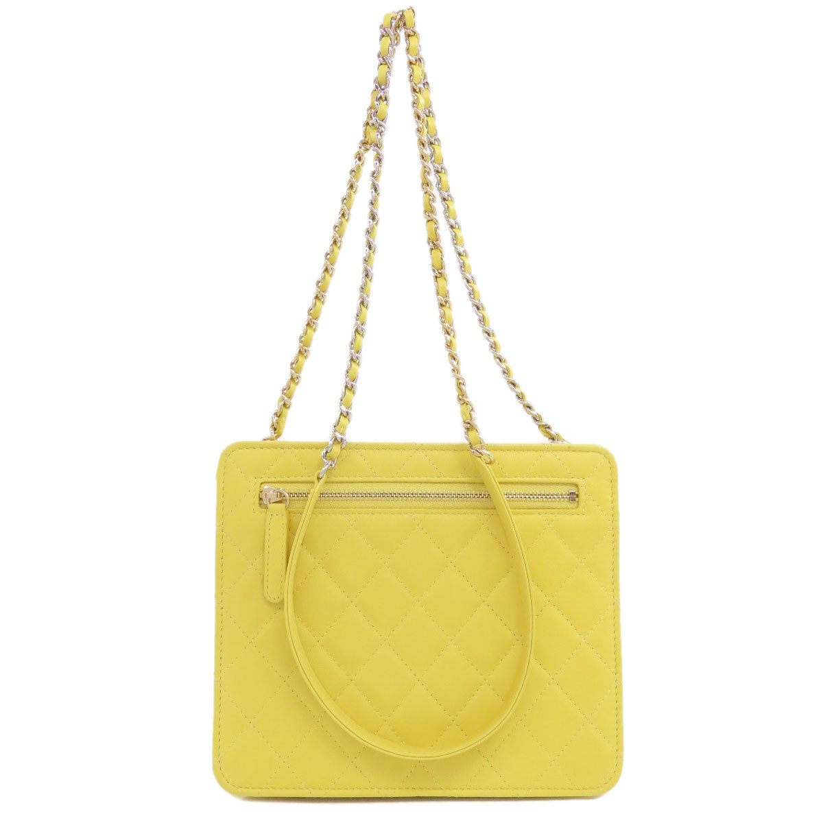 Chanel Shoulder Bag Lambskin Yellow Chain Shoulder Silver Metal Gold Metal Women Used Authentic