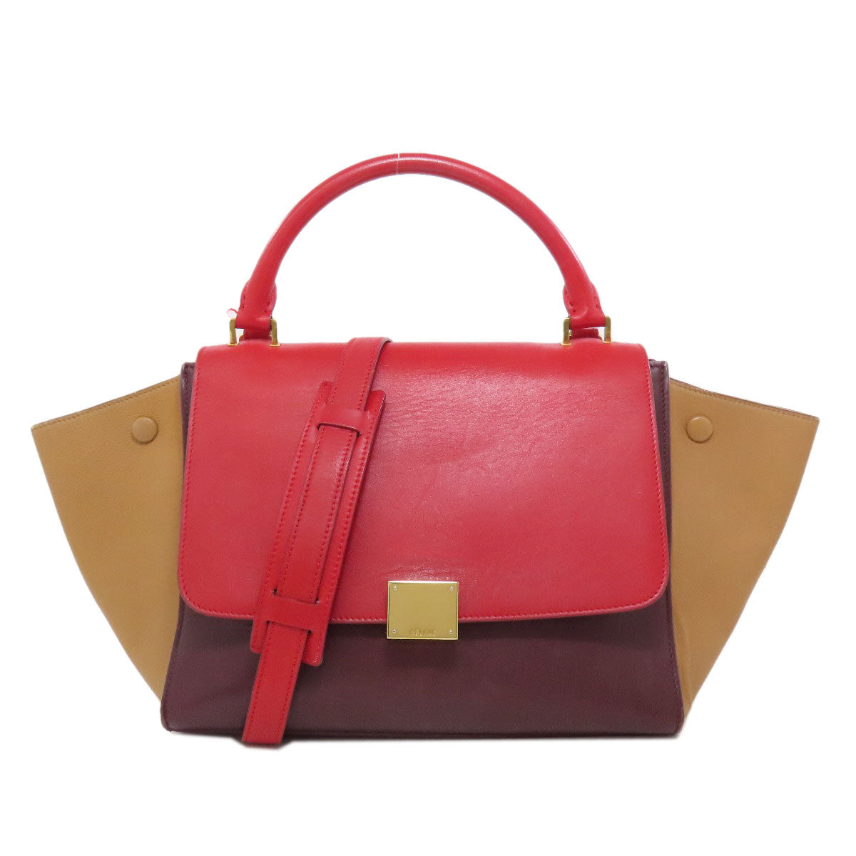 Celine Handbag Leather Red Trapeze 2 Way Women Used Authentic