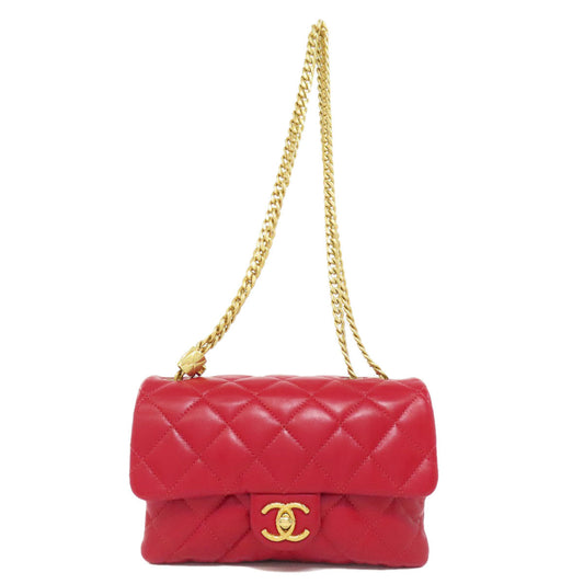 Chanel Shoulder Bag Lambskin Red Chain Shoulder Matelasse Gold Metal Women Used Authentic