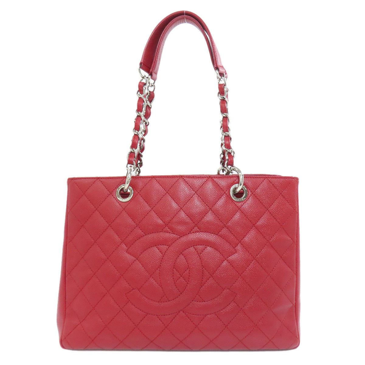 Chanel Tote Bag Caviar Skin Red Gst Tote Matelasse Silver Metal Women Used Authentic