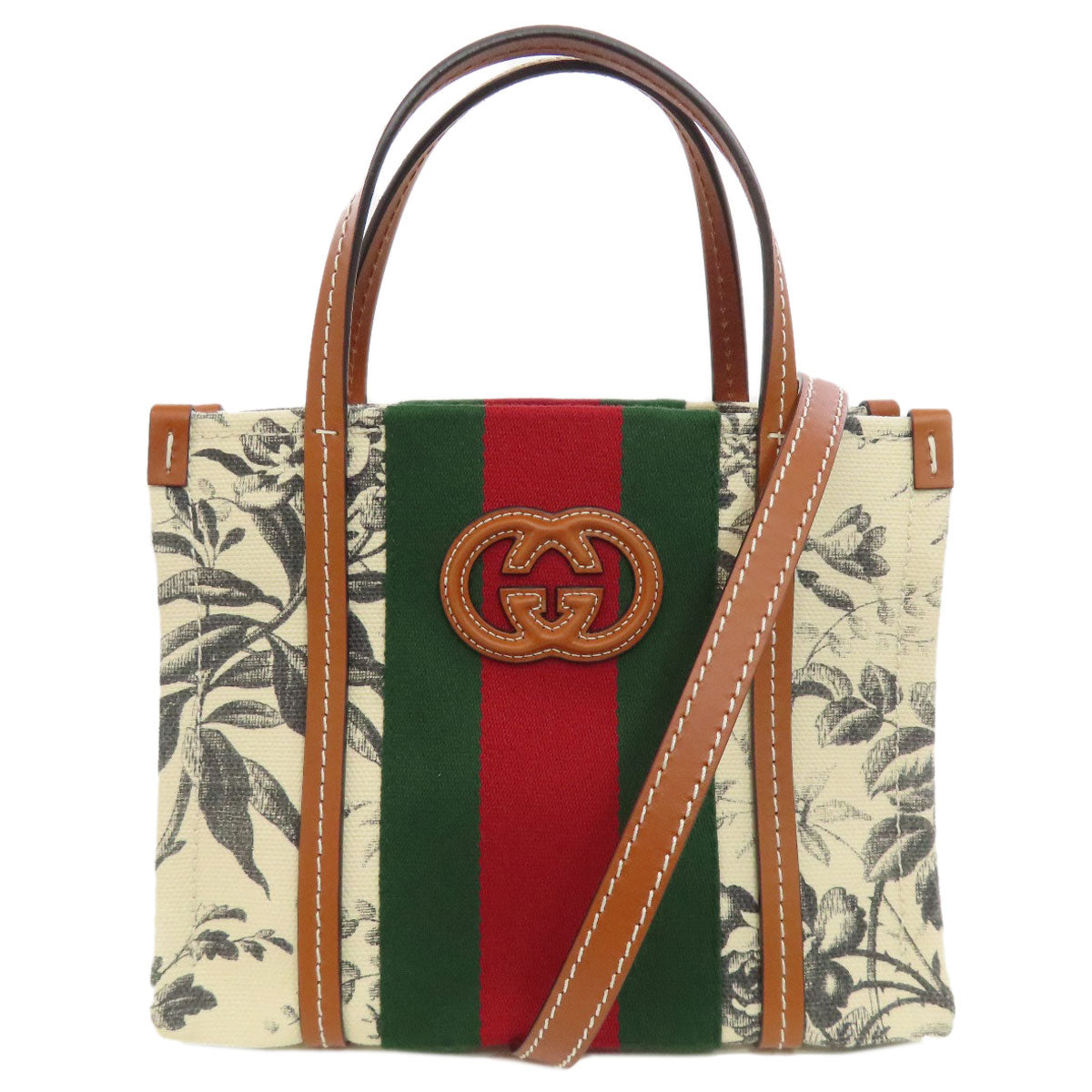 Gucci Tote Bag 727735 Canvas White Interlocking G Floral 2 Way Women Used Authentic