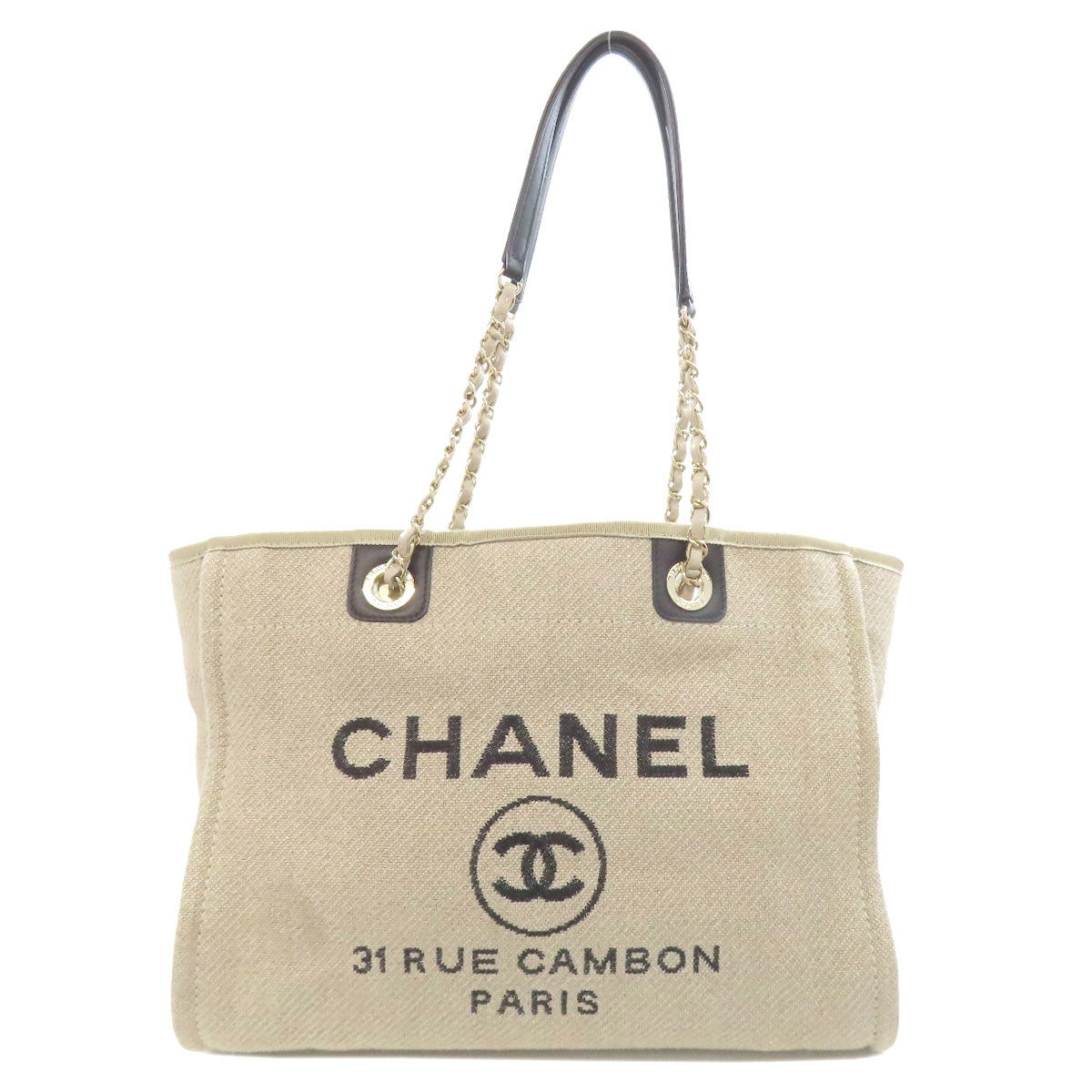 Chanel Tote Bag Canvas Beige Deauville Gold Metal Women Used Authentic