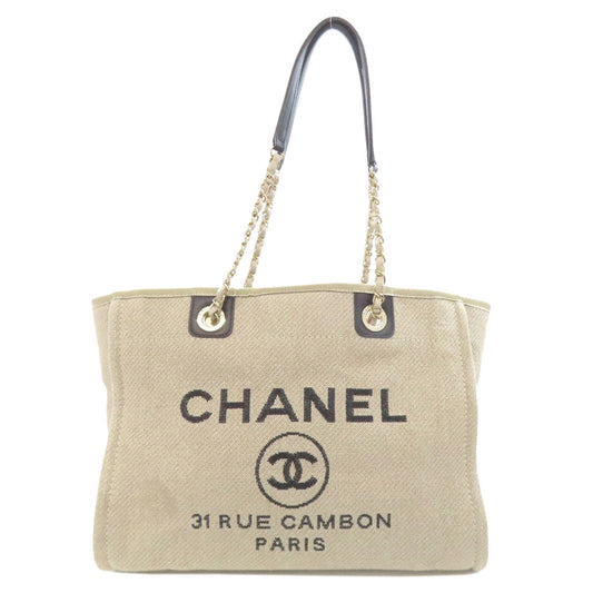 Chanel Tote Bag Canvas Beige Deauville Gold Metal Women Used Authentic