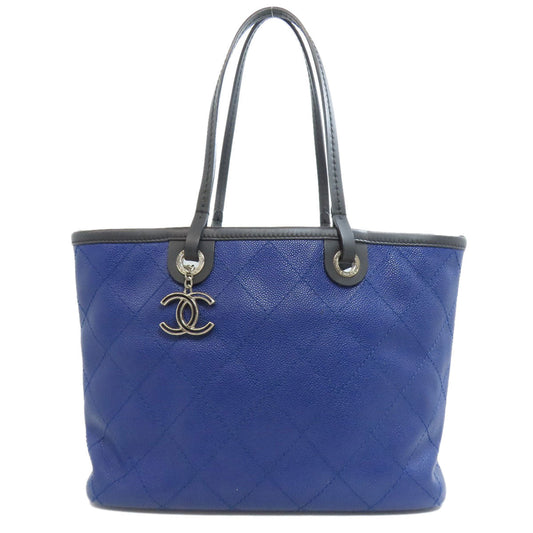 Chanel Tote Bag Caviar Skin Blue Wild Stitch Silver Metal Women Used Authentic