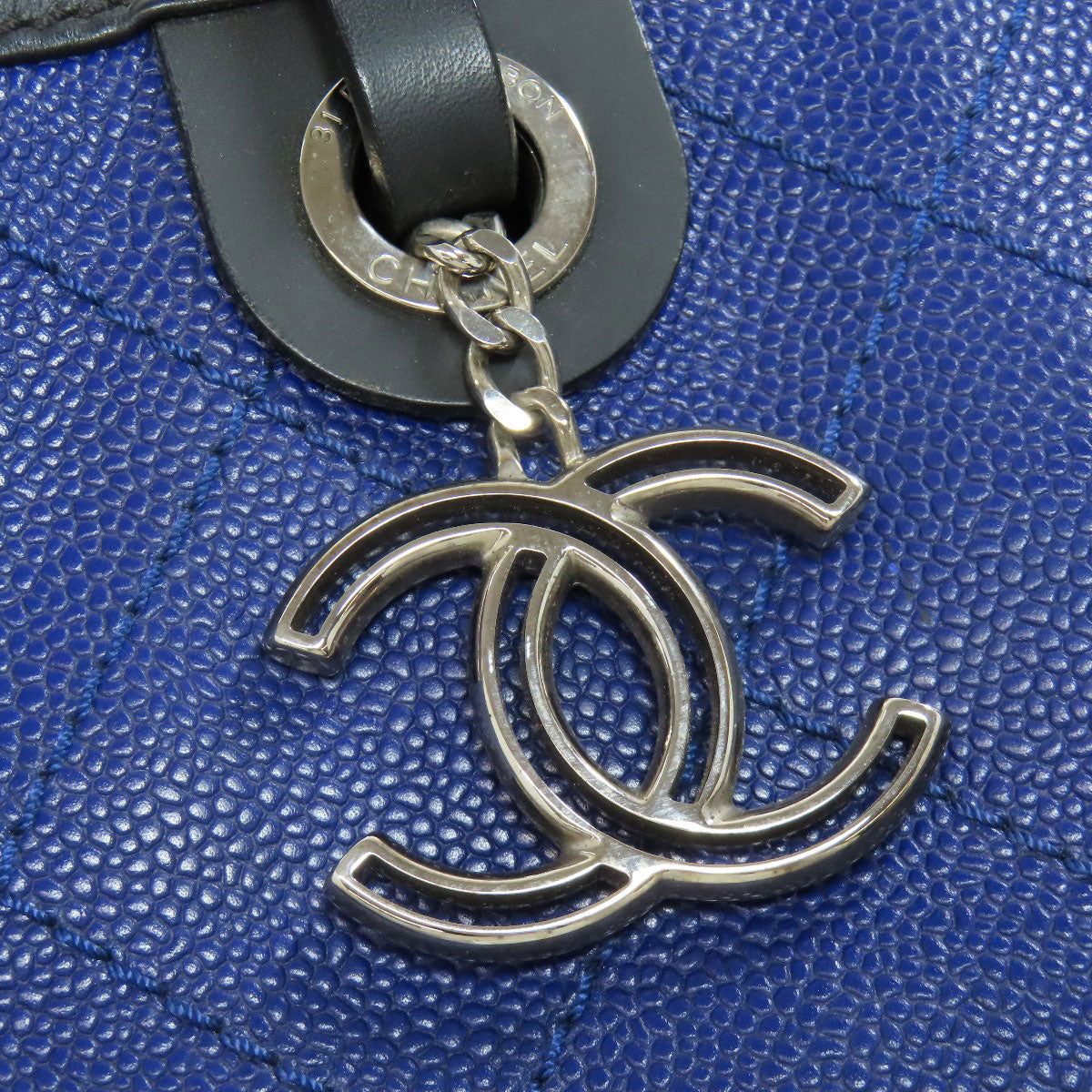 Chanel Tote Bag Caviar Skin Blue Wild Stitch Silver Metal Women Used Authentic